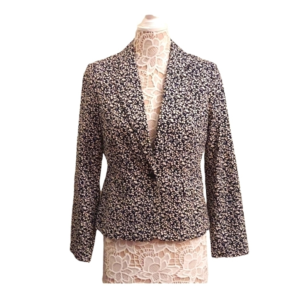 CHARTER CLUB Black and White Small Leaf Print One Buttoned Blazer 8 Ditsy Office